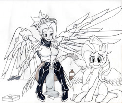 Size: 1024x870 | Tagged: safe, artist:janji009, character:fluttershy, species:pegasus, species:pony, inktober, bandage, crossover, cute, female, first aid kit, flutternurse, healing, injured, inktober 2018, mare, mercy, monochrome, overwatch, shyabetes, traditional art