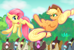Size: 2156x1463 | Tagged: safe, artist:wildviolet-m, character:applejack, character:autumn afternoon, character:cinder glow, character:fluttershy, character:forest fall, character:maple brown, character:pumpkin smoke, character:sparkling brook, character:summer flare, species:earth pony, species:kirin, species:pegasus, species:pony, episode:sounds of silence, g4, my little pony: friendship is magic, background kirin, clothing, cloud, ear fluff, female, freckles, hat, levitation, magic, mare, open mouth, scene interpretation, sky, telekinesis, tree