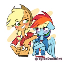 Size: 783x753 | Tagged: safe, artist:tylerdashart, character:applejack, character:rainbow dash, species:anthro, ship:appledash, abs, belly button, female, floppy ears, front knot midriff, lesbian, midriff, shipping, wings