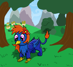 Size: 2378x2179 | Tagged: safe, artist:lizardwithhat, oc, oc only, species:griffon, blue fur, cute, detailed background, flower, mountain, mountain range, outdoors, red hair, solo, standing, tree, violet eyes