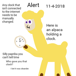 Size: 480x480 | Tagged: safe, artist:artdbait, community related, character:paprika paca, species:alpaca, them's fightin' herds, clock, doodle, female, fightin' doods, oblivious, solo, text, time, warning, wat
