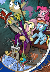 Size: 1701x2445 | Tagged: safe, artist:yewdee, character:discord, character:fluttershy, character:pinkie pie, character:rainbow dash, character:scootaloo, species:draconequus, species:earth pony, species:pegasus, species:pony, boat, chocolate, clothing, female, food, hat, male, mare, scootachicken, suit, top hat, tunnel, willy wonka, willy wonka and the chocolate factory
