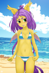 Size: 1000x1472 | Tagged: safe, artist:oatmeal, artist:pixel's workstation, oc, oc only, oc:grape vine, species:anthro, species:bat pony, bat pony oc, beach, belly button, bikini, breasts, clothing, delicious flat chest, female, solo, swimsuit