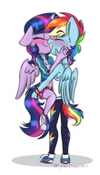 Size: 675x1178 | Tagged: safe, artist:tylerdashart, character:rainbow dash, character:twilight sparkle, character:twilight sparkle (alicorn), species:alicorn, species:anthro, species:pegasus, species:pony, ship:twidash, blushing, clothing, converse, eyes closed, female, jacket, lesbian, pants, shipping, shirt, shoes, shorts, simple background, smiling, sneakers, white background