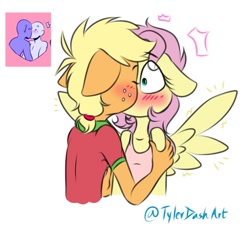 Size: 890x806 | Tagged: safe, artist:tylerdashart, character:applejack, character:fluttershy, species:anthro, species:earth pony, species:pegasus, species:pony, ship:appleshy, blushing, clothing, eyes closed, female, freckles, kissing, lesbian, shipping, shirt, simple background, tank top, white background