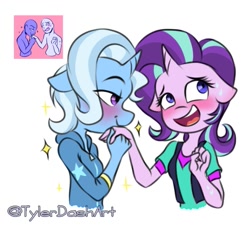 Size: 775x696 | Tagged: safe, artist:tylerdashart, character:starlight glimmer, character:trixie, species:anthro, species:pony, species:unicorn, ship:startrix, blushing, clothing, equestria girls outfit, female, jacket, kissing, lesbian, open mouth, shipping, shirt, simple background, sweat, white background