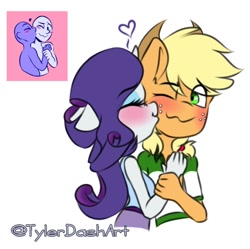 Size: 710x707 | Tagged: safe, artist:tylerdashart, character:applejack, character:rarity, species:anthro, species:earth pony, species:pony, species:unicorn, ship:rarijack, :3, blushing, clothing, cute, equestria girls outfit, eyes closed, female, freckles, hat, heart, jackabetes, kiss on the cheek, kissing, lesbian, love, raribetes, shipping, shirt, simple background, smiling, white background