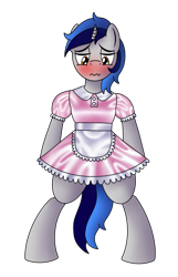 Size: 900x1400 | Tagged: safe, artist:cappie, oc, oc only, oc:cappie, species:pony, species:unicorn, bipedal, blushing, clothing, crossdressing, forced feminization, maid, male, satin, shiny, silk, simple background, sissy, skirt, solo, stallion, transparent background, uniform