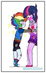 Size: 429x678 | Tagged: safe, artist:tylerdashart, character:rainbow dash, character:twilight sparkle, ship:twidash, my little pony:equestria girls, bandaid, blushing, boots, clothing, converse, female, height difference, lesbian, looking at each other, no nose, shaking, shipping, shirt, shoes, shorts, simple background, skirt, smiling, smoldash, sneakers, sweat, white background, wristband