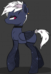 Size: 1365x1982 | Tagged: safe, alternate version, artist:pinkberry, oc, oc only, oc:dusk rime, species:bat pony, species:pony, alternate clothes, blank flank, choker, clothing, collar, female, fishnets, gray background, jewelry, makeup, piercing, punk, ripped stockings, simple background, solo, stockings, thigh highs, torn clothes