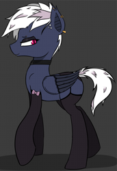 Size: 1363x1998 | Tagged: safe, alternate version, artist:pinkberry, oc, oc only, oc:dusk rime, species:bat pony, species:pony, alternate clothes, blank flank, bow, choker, clothing, collar, female, garter belt, garters, gray background, jewelry, makeup, piercing, punk, simple background, solo, stockings, thigh highs