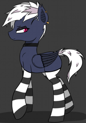 Size: 1379x1987 | Tagged: safe, alternate version, artist:pinkberry, oc, oc only, oc:dusk rime, species:bat pony, species:pony, alternate clothes, blank flank, choker, clothing, collar, female, gray background, jewelry, makeup, piercing, punk, simple background, socks, solo, striped socks