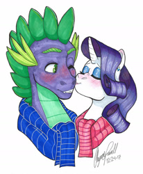 Size: 1280x1555 | Tagged: safe, artist:whisperseas, character:rarity, character:spike, ship:sparity, blushing, clothing, female, kissing, male, older, older spike, scarf, shipping, signature, simple background, straight, winter