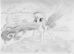 Size: 3510x2550 | Tagged: safe, artist:ratchethun, character:rainbow dash, species:pony, cloud, female, mare, monochrome, raised hoof, sketch, smiling, solo, spread wings, traditional art, wings