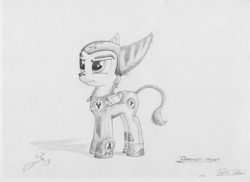 Size: 3510x2550 | Tagged: safe, artist:ratchethun, species:pony, armor, clothing, male, monochrome, ponified, ratchet, ratchet and clank, simple background, sketch, solo, stallion, traditional art