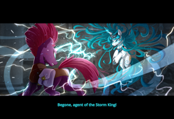 Size: 3504x2412 | Tagged: safe, artist:batonya12561, character:tempest shadow, oc, oc:angel song, species:pony, armor, broken horn, dialogue, electricity, fight, horn, saddle bag, subtitles, widescreen