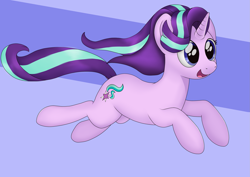 Size: 2105x1489 | Tagged: safe, artist:noosa, character:starlight glimmer, species:pony, species:unicorn, abstract background, cute, excited, female, glimmerbetes, jumping, leaping, mare, open mouth, simple background, solo