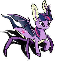 Size: 2573x2751 | Tagged: safe, artist:lizardwithhat, character:twilight sparkle, species:alicorn, species:mothpony, species:pony, species:unicorn, bat wings, chimera pony, cute, cutie mark, fluffy, long horn, monster pony, moth antenna, original species, simple background, smiling, snake pony, spider legs, spiderpony, unshorn fetlocks, what has science done