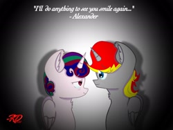 Size: 2048x1536 | Tagged: safe, alternate version, artist:rubydeluxe, oc, oc only, oc:holly dance, oc:rd, species:alicorn, species:pony, alicorn oc, colored, crying, digital art, embrace, female, horn, love, male, quote, shading, signature, simple background, wings
