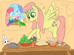 Size: 1120x840 | Tagged: safe, artist:ara, character:angel bunny, character:fluttershy, character:pinkie pie, species:earth pony, species:pegasus, species:pony, species:rabbit, alternate hairstyle, animal, cutie mark, dead, female, fish, flower, flower pot, fluttershy's cottage, flying, food, hairband, juice, mare, salad, table, whistling, x eyes