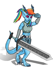 Size: 3000x4200 | Tagged: safe, artist:lizardwithhat, character:rainbow dash, episode:dungeons & discords, belly button, blue skin, claws, cleavage window, clothing, crossover, cute, dungeons and dragons, female, gradient eyes, horns, midriff, muscles, pen and paper rpg, ponytail, rainbow hair, rpg, runes, salute, shorts, simple background, solo, species swap, spotted, sword, tank top, tiefling, walking, weapon