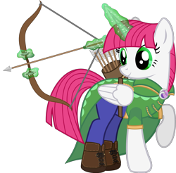 Size: 2265x2229 | Tagged: safe, artist:andrevus, oc, oc only, species:alicorn, species:pony, alicorn oc, archer, boots, bow (weapon), cape, clothing, pants, quiver, shoes, simple background, solo, transparent background, vest
