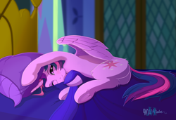 Size: 2190x1495 | Tagged: safe, artist:wildviolet-m, character:twilight sparkle, character:twilight sparkle (alicorn), species:alicorn, species:pony, armpits, bed, bedsheets, cute, female, looking at you, mare, morning ponies, one eye closed, pillow, solo, twiabetes, twilight's castle, underhoof
