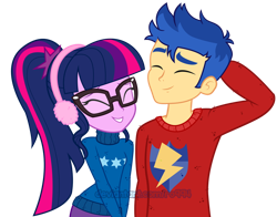 Size: 1280x1005 | Tagged: safe, artist:ro994, character:flash sentry, character:twilight sparkle, character:twilight sparkle (scitwi), species:eqg human, ship:flashlight, g4, my little pony: equestria girls, my little pony:equestria girls, clothing, couple, earmuffs, eyes closed, female, glasses, grin, hand on head, male, ponytail, sciflash, shipping, simple background, smiling, straight, sweater, transparent background, vector, watermark
