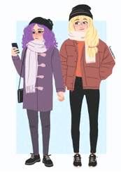 Size: 1136x1638 | Tagged: safe, artist:fioweress, character:applejack, character:rarity, species:human, ship:rarijack, clothing, coat, cute, female, freckles, hat, holding hands, humanized, jacket, lesbian, phone, scarf, shipping, snow