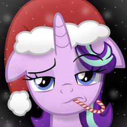 Size: 4000x4000 | Tagged: safe, alternate version, artist:sol-r, character:starlight glimmer, species:pony, species:unicorn, episode:the parent map, g4, bust, candy, candy cane, christmas, clothing, female, festive, floppy ears, food, frown, hat, high res, holiday, horn, lidded eyes, mare, mouth hold, night, outdoors, raised eyebrow, santa hat, shadow, simple background, snow, snowfall, solo, starlight is not amused, unamused, vector, winter