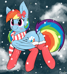 Size: 1686x1849 | Tagged: safe, artist:itsmeelement, character:rainbow dash, species:pegasus, species:pony, backwards cutie mark, blushing, bow, christmas, clothing, cute, dashabetes, dock, female, flying, holiday, mare, plot, scarf, smiling, snow, socks, solo, stockings, thigh highs