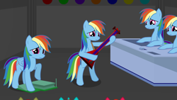 Size: 1920x1080 | Tagged: safe, artist:setup1337, character:rainbow dash, guitar, multeity, notes from magic, sad