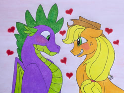 Size: 1032x774 | Tagged: safe, artist:bellbell123, character:applejack, character:spike, ship:applespike, female, heart, male, shipping, straight, traditional art