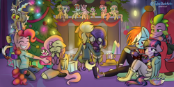 Size: 1200x607 | Tagged: safe, artist:tylerdashart, character:applejack, character:discord, character:fluttershy, character:pinkie pie, character:rainbow dash, character:rarity, character:spike, character:twilight sparkle, character:twilight sparkle (alicorn), species:alicorn, species:anthro, species:draconequus, species:dragon, species:earth pony, species:pegasus, species:pony, species:unicorn, ship:flutterpie, ship:rarijack, ship:twidash, episode:hearth's warming eve, g4, my little pony: friendship is magic, applejack's hat, book, bowl, button, candy, chocolate, christmas, christmas lights, christmas tree, clothing, converse, cowboy hat, cozy, cup, cute, dashabetes, diapinkes, discute, doll, eyes closed, female, fireplace, floppy ears, food, hat, holiday, hot chocolate, hug, jackabetes, lesbian, mane seven, mane six, pants, plushie, present, raribetes, shipping, shirt, shoes, shyabetes, signature, sitting, smiling, socks, spikabetes, toy, tree, twiabetes, twilight's castle, warm, winged spike, winghug, wings