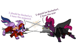 Size: 2898x2070 | Tagged: safe, artist:lizardwithhat, character:fizzlepop berrytwist, character:tempest shadow, character:twilight sparkle, character:twilight sparkle (alicorn), species:alicorn, species:pony, species:unicorn, my little pony: the movie (2017), broken horn, cape, clothing, eye scar, eyepatch, fencing, fight, fighting stance, green eyes, happy, hat, hooves, horn, mouth hold, musketeer, purple eyes, rochefort, scar, sword, weapon, wings