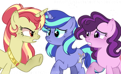 Size: 1280x790 | Tagged: safe, artist:jxst-roch, oc, oc only, oc:dream bunny, oc:fire emerald, parent:pinkie pie, parent:starlight glimmer, parent:sugar belle, parent:sunset shimmer, parent:trixie, parent:twilight sparkle, parents:startrix, parents:sugarpie, parents:sunsetsparkle, species:earth pony, species:pony, species:unicorn, female, magical lesbian spawn, mare, offspring, simple background, transparent background