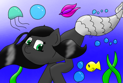 Size: 1430x969 | Tagged: safe, artist:gamer-shy, oc, oc:sira, bubble, fish, jellyfish, merpony, seaweed, underwater