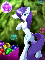 Size: 2000x2667 | Tagged: safe, artist:wildviolet-m, character:rarity, species:pony, species:unicorn, bipedal, bipedal leaning, christmas, christmas decoration, christmas ornament, christmas tree, decoration, female, glowing horn, holiday, leaning, magic, mare, solo, tree