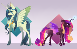 Size: 3000x1937 | Tagged: safe, artist:soundwavepie, character:princess cadance, character:queen chrysalis, species:alicorn, species:changeling, species:pony, alternate universe, changelingified, chest fluff, female, mare, ponified, role reversal, simple background, species swap