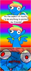 Size: 875x2000 | Tagged: safe, artist:draikinator, character:derpy hooves, character:rainbow dash, species:pegasus, species:pony, my little pony: the movie (2017), blep, close-up, comic, derp, derpy's sacrifice, dialogue, element of loyalty, evil, eye clipping through hair, mood whiplash, pure evil, pure unfiltered evil, rainbow background, red eyes take warning, silly, speech bubble, stylistic suck, tongue out