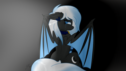Size: 1280x720 | Tagged: safe, artist:eclipsepenumbra, artist:eclipsethebat, oc, oc:moonlight melody, species:bat pony, species:pony, clothing, collar, crying, depressed, ear piercing, earring, jewelry, looking at you, piercing, sad, simple background, socks