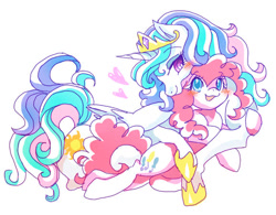 Size: 578x450 | Tagged: safe, artist:tsukuda, character:pinkie pie, character:princess celestia, species:alicorn, species:earth pony, species:pony, blushing, female, heart, lesbian, mare, open mouth, pinkielestia, shipping, simple background, smiling, snuggling, white background