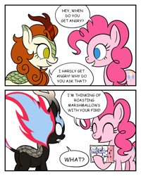 Size: 1600x2000 | Tagged: safe, artist:sazanamibd, character:autumn blaze, character:pinkie pie, species:earth pony, species:kirin, species:pony, episode:sounds of silence, g4, my little pony: friendship is magic, 2koma, comic, comic sans, duo, female, food, mare, marshmallow, nirik, no pupils, pinkie being pinkie, simple background, text, this will not end well, white background
