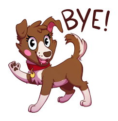 Size: 2887x2968 | Tagged: safe, artist:senaelik, character:winona, species:dog, blush sticker, blushing, bye, collar, facebook sticker, female, looking at you, mlp-fied, paws, request, simple background, smiling, solo, text, transparent background, underpaw, waving