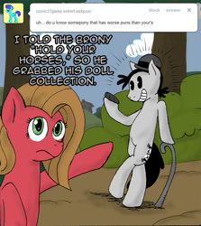 Size: 713x800 | Tagged: safe, artist:thekuto, oc, oc:pun, oc:vaudeville, species:earth pony, species:pony, ask pun, ask, cane, cigar, clothing, female, hat, mare