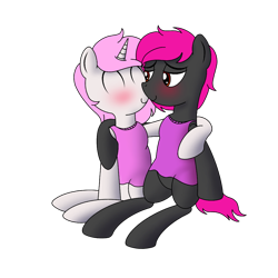 Size: 1000x1000 | Tagged: safe, artist:cappie, oc, oc only, oc:cloud pink, oc:patches pinkgem, species:pony, blushing, clothing, crossdressing, cute, hug, male, smiling, stallion, sweater