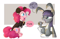 Size: 1440x950 | Tagged: safe, artist:riukime, character:maud pie, character:pinkie pie, animal costume, betrayal, bugs bunny, bunny costume, carrot, clothing, collaboration, cosplay, costume, eating, food, gasp, herbivore, looney tunes, mickey mouse, open mouth