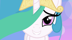 Size: 9600x5400 | Tagged: safe, artist:lazypixel, character:princess celestia, absurd resolution, bedroom eyes, bust, female, grin, hair over one eye, lip bite, looking at you, portrait, smiling, solo, vector
