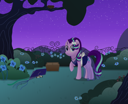 Size: 2324x1886 | Tagged: safe, artist:noosa, character:starlight glimmer, species:pony, species:unicorn, basket, bow, bush, canterlot, canterlot gardens, clothing, cutie mark, dress, female, flower, gala dress, garden, grand galloping gala, hair bow, kite, looking at you, mare, nest, night, picnic basket, raised hoof, see-through, see-through dress, smiling, solo, stars, string, thread, tree, yarn