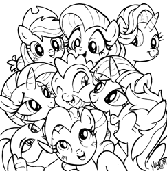 Size: 1558x1600 | Tagged: safe, artist:yewdee, character:applejack, character:fluttershy, character:pinkie pie, character:princess ember, character:rainbow dash, character:rarity, character:spike, character:starlight glimmer, character:twilight sparkle, species:alicorn, species:dragon, species:earth pony, species:pegasus, species:pony, species:unicorn, ship:applespike, ship:emberspike, ship:flutterspike, ship:pinkiespike, ship:rainbowspike, ship:sparity, ship:sparlight, ship:twispike, cuddle puddle, cuddling, cute, emberbetes, female, harem, hug, lineart, lucky bastard, male, mane eight, mane seven, mane six, monochrome, pony pile, shipping, spike gets all the mares, spikelove, straight